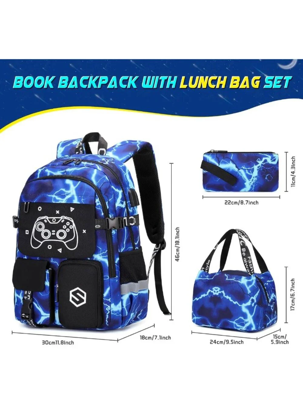 Luminous Boys Backpack Set with Lunch Bag & Pencil Case, USB Charging, School